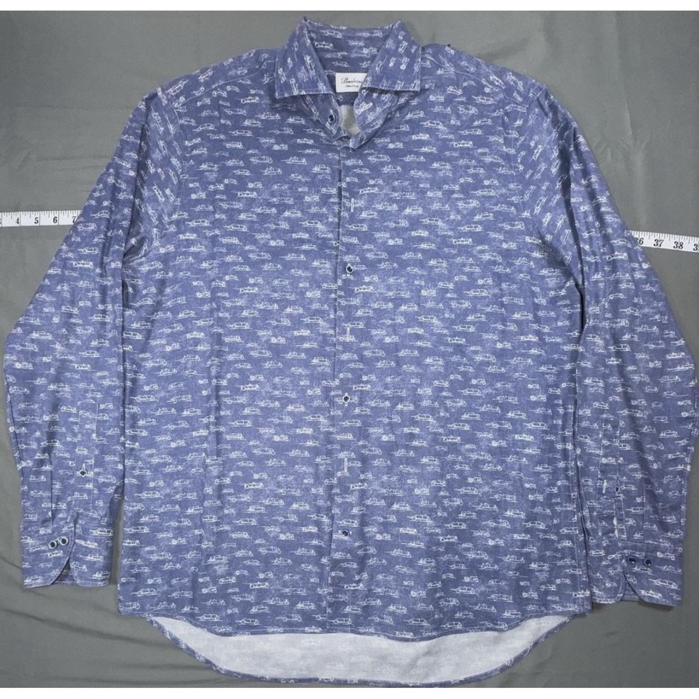Stenströms Shirt Mens XL Blue Car Print Cotton Long Sleeve Button Up Slim Fit